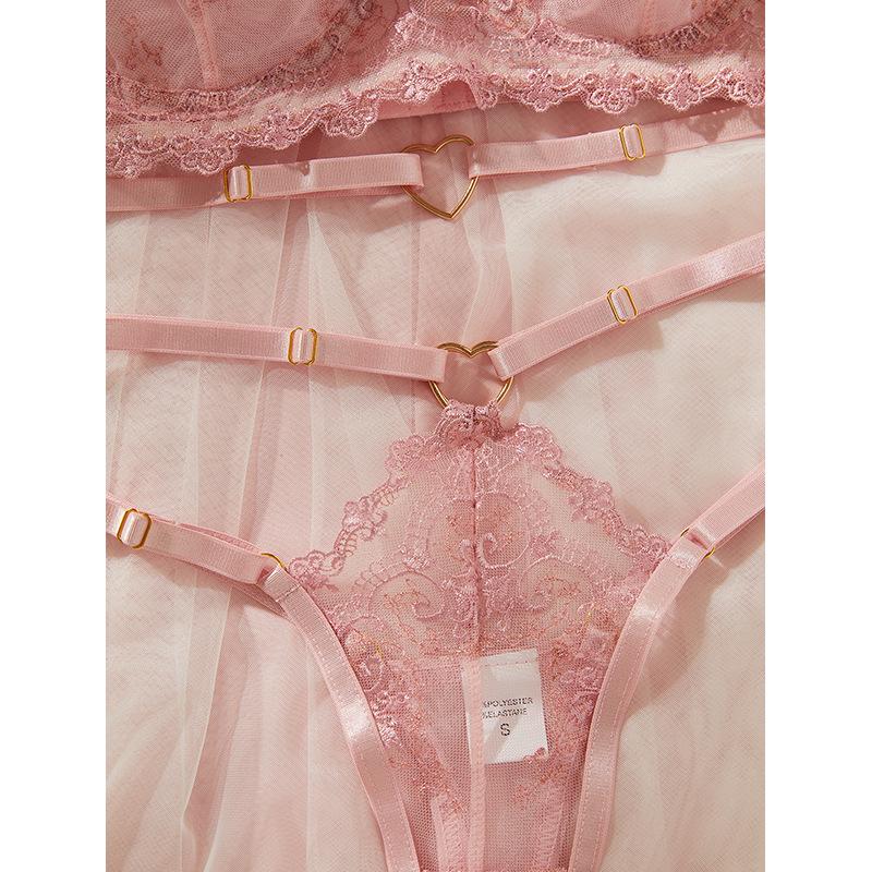 Французский розовый сексуальный кружевной пуш-ап комплект нижнего белья для женщин - Ультратонкий, удобный, полупрозрачная сетка
