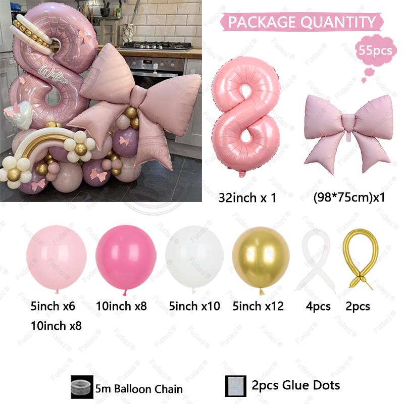 55pcs Bow Balloon 32 Inch Pink Number 1-9 Birthday Balloon Set Birthday Atmosphere Arrangement Festival Party Decoration