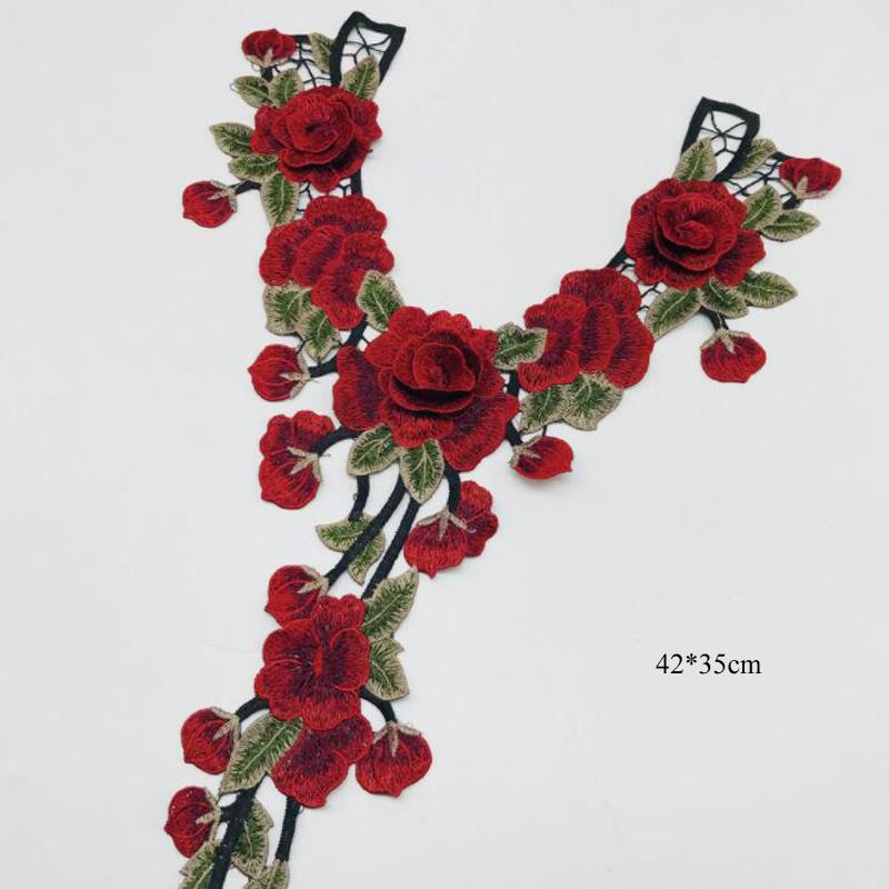 Вышитое красное платье с красными розами и флорой, аппликации, пришитое из кружевной ткани, воротник с вырезом для свадебного украшения, платье «сделай сам»