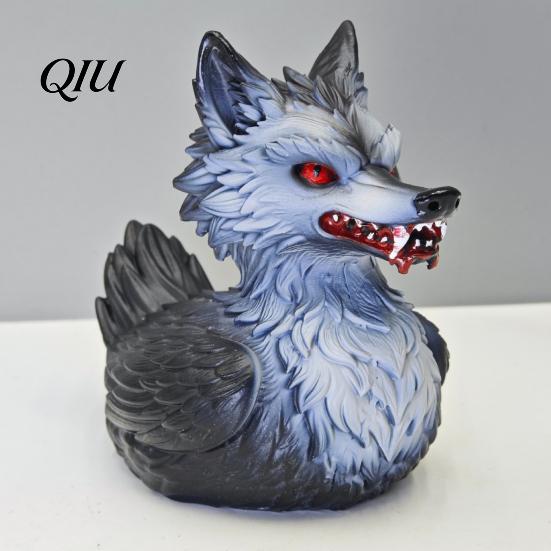 Fantasy Werewolf Duck Statue 3D Printed Wolf Collectible Figurine, Halloween Striking Wildlife Desk Decor, Gothic Style Collectibles with Red