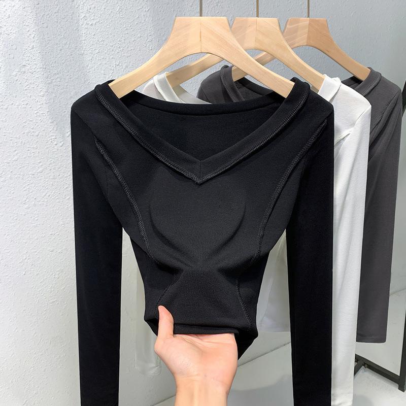 Белая французская ключица открытая V-образный вырез плечо футболка для женщин с длинным рукавом круглый вырез внутренняя базовая рубашка омолаживающий модный топ