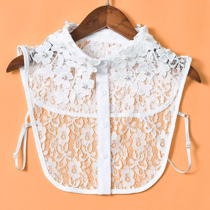 Linbaiway Women Embroidered Lace Tie Detachable Collars Floral Sweater Lapel Fake False Collar Female White Button Blouse Tops