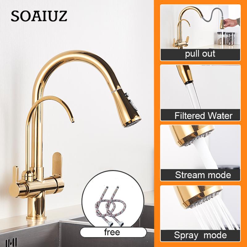 Матово-черный фильтр для чистой воды, кухонный кран с двумя ручками, для горячей и холодной питьевой воды, выдвижные кухонные смесители