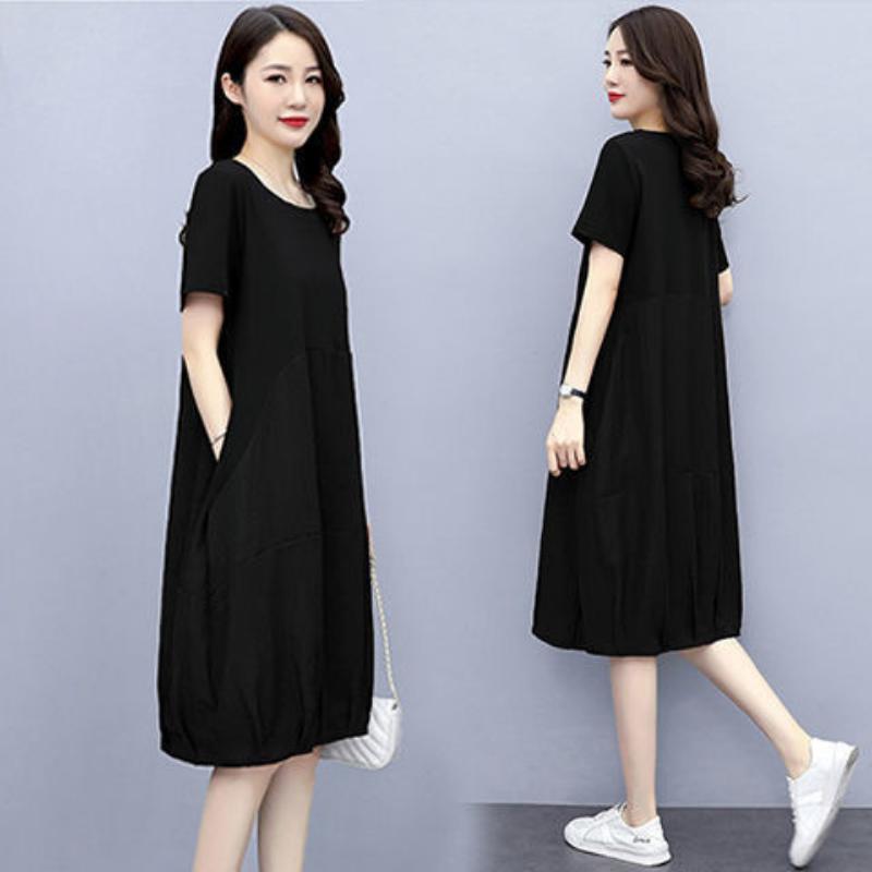 2023 летнее новое большое платье с коротким рукавом и круглым вырезом, женская повседневная свободная тонкая юбка для полных мм, тонкая юбка контрастного цвета