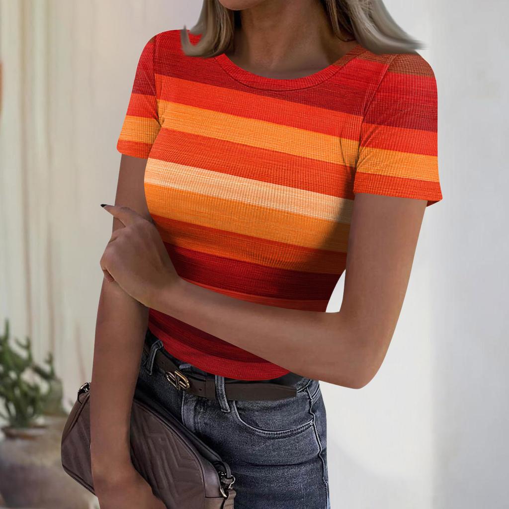 Women's Casual Fashion Round Neck Striped Print Short Sleeve Ribbed Top