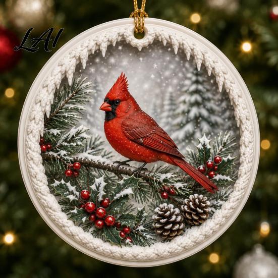Classic Keepsake Ornaments 2 Pcs Red Bird Christmas Ornaments 2D Round Acrylic Snowy Scene Warm Companionship Winter Decor Xmas Tree Hanging