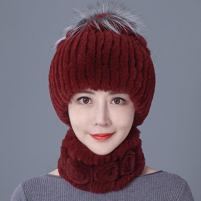 Шапка из меха кролика, женская зимняя мода, универсальная, теплая, зимняя защита для ушей, шарф из меха кролика Рекс, комплект из двух предметов, меховой костюм из меха