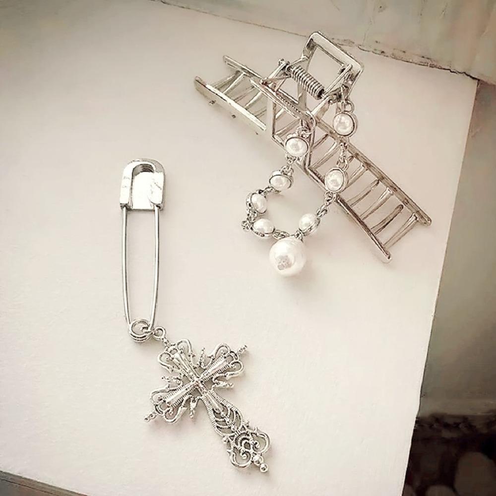 Ювелирные изделия Набор для волос с когтями Винтажный кулон-крест Краб Заколка для волос с жемчужной цепочкой Аксессуар для укладки волос
