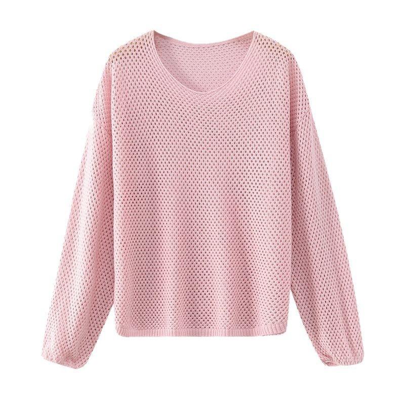Spring and Summer New Solid Color Simple Hollow Knitted Sweater Women's Fashion Loose and Thin Bat Sleeve T-shirt Top Thin