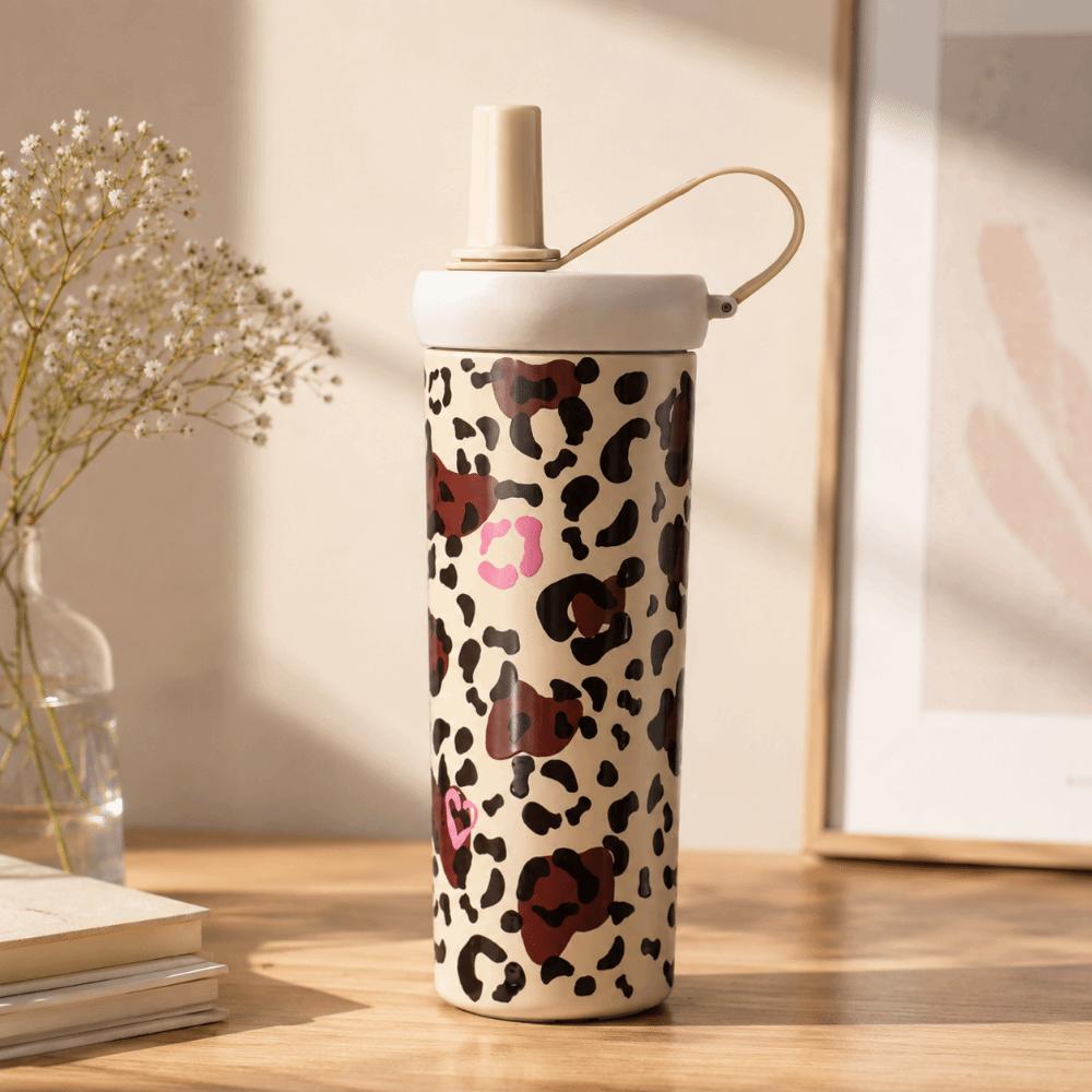 Leopard Pattern Thermal Water Bottle Stainless Steel Drinking Straw Cup Straw Thermos Cup Cycling