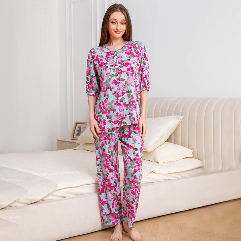 1011 new cotton pajamas women's summer thin five-quarter sleeve trousers loose large size high-end comfortable loungewear