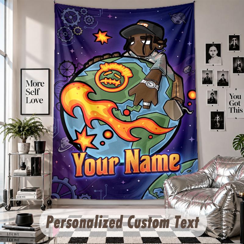 Wall Hanging Tapestry With Custom Name & Text, Travis Scott Decorative Tapestry For Bedroom