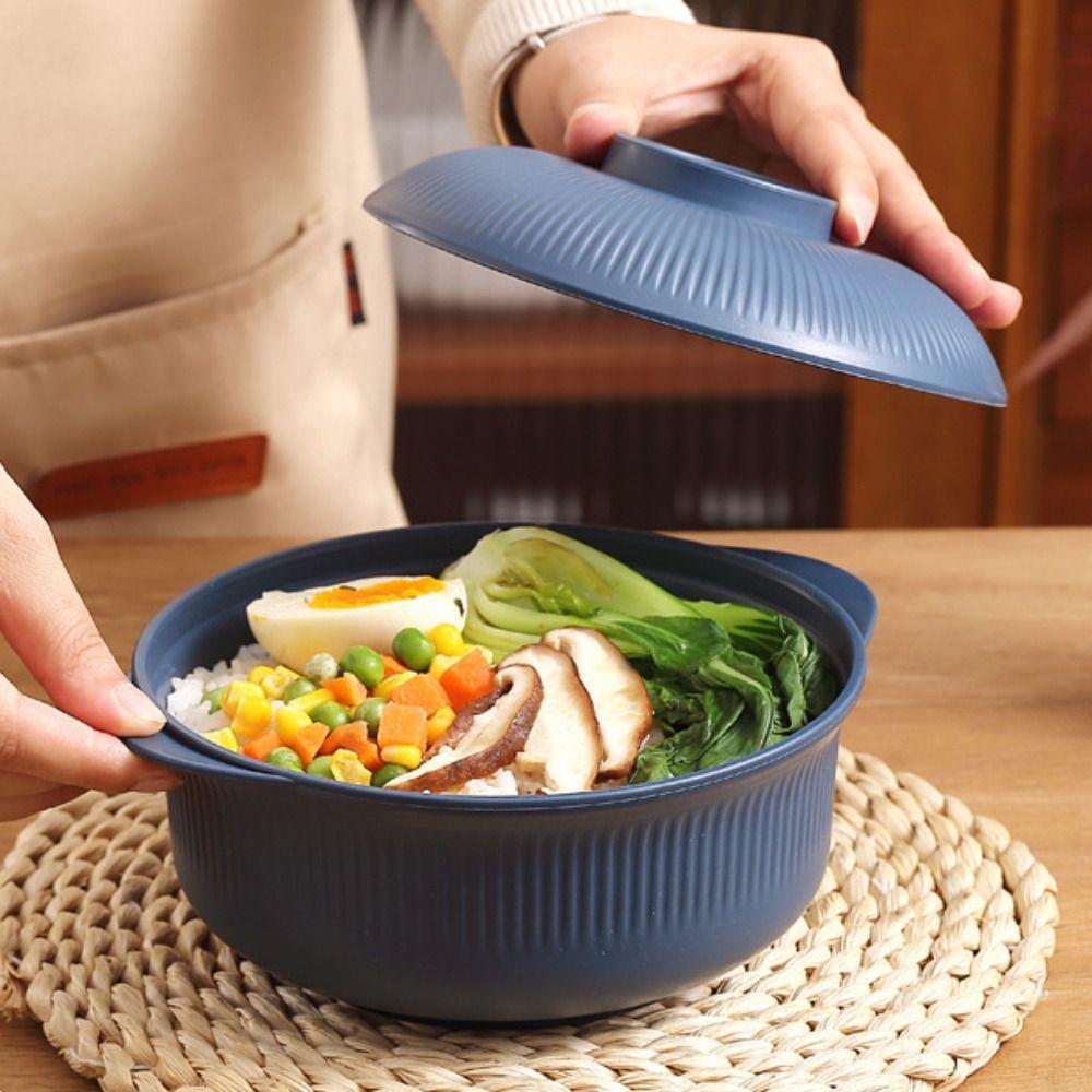 4 Set Household Large Capacity Ramen Noodles Bowl Vertical Striped Plastic Soup Bowl with Lid and Spoon Salad Bowl Canteen