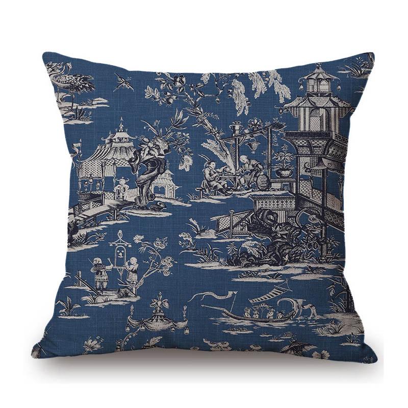 Navy Blue Delft Blue Toile De Jouy Pattern Design Royal Elegant Home Decorative Sofa Throw Pillowcase Cotton Linen Cushion Cover