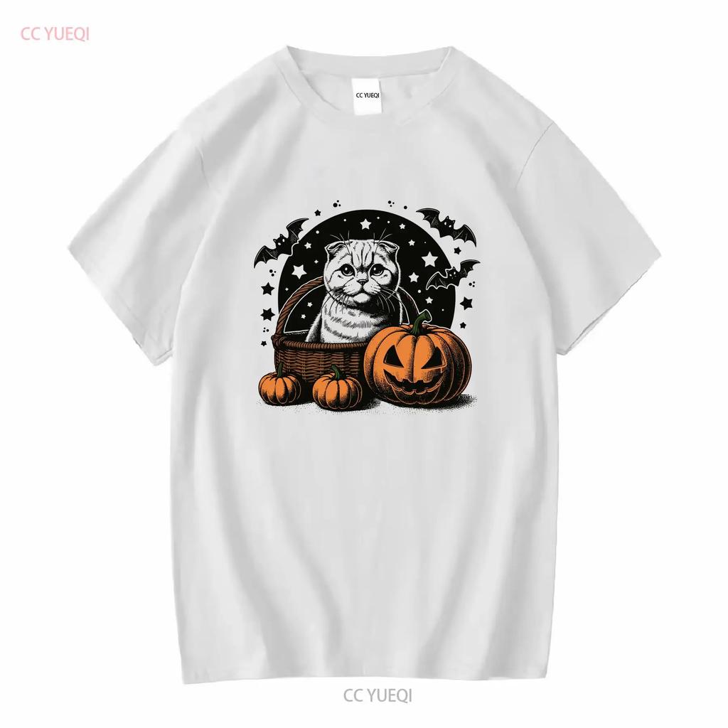Halloween Pumpkin Cat T Shirt Scottish Fold Cute Owner Spooky Season Fall Long Or Short Sleeves Vintage Washed Casual Homme