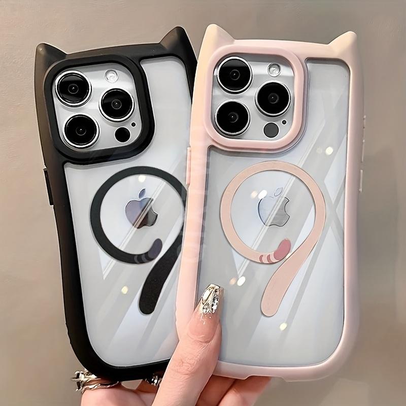 Магнитный Чехол-Хвост Кошки Прозрачный Матовый для iPhone 16 15 14 Plus 13 12 Mini 11 Pro Max Противоударный Чехол с Большим Отверстием
