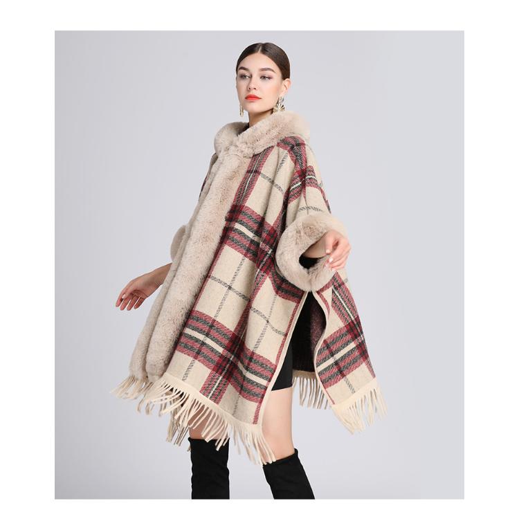 Зимняя женская шаль-накидка, куртка с меховым воротником, шаль с капюшоном, твидовая куртка, кардиган большого размера