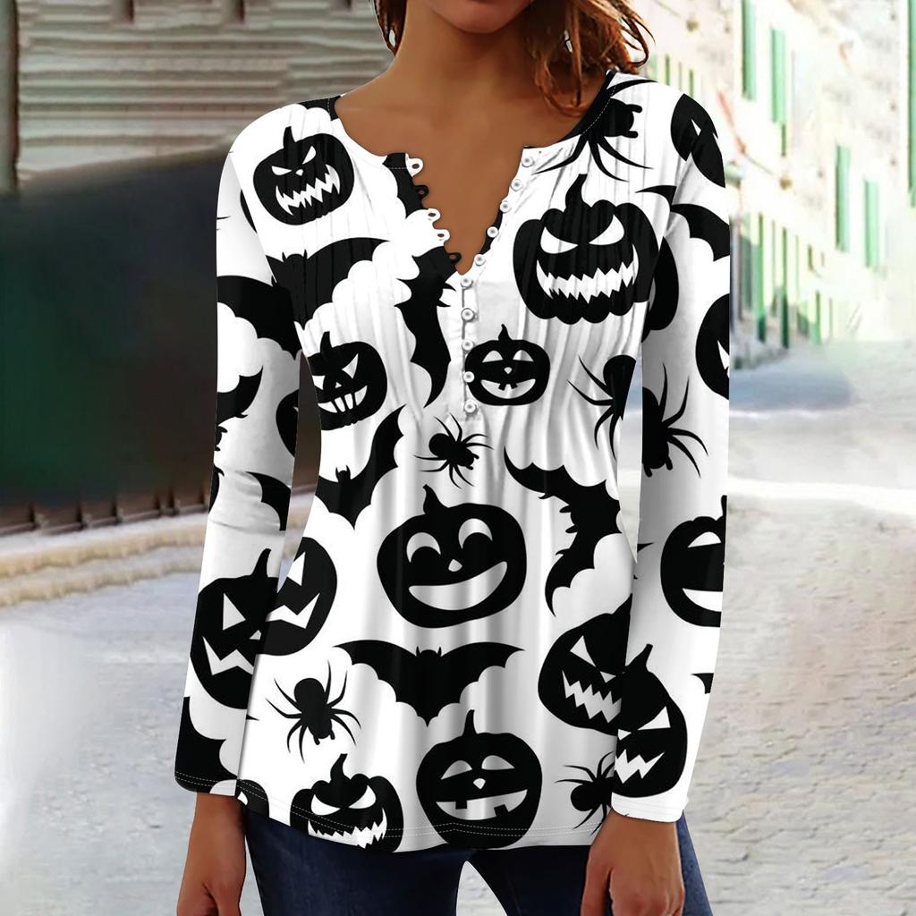 Женский топ с длинными рукавами и плиссированным воротником на пуговицах с принтом Хэллоуина, весна-осень