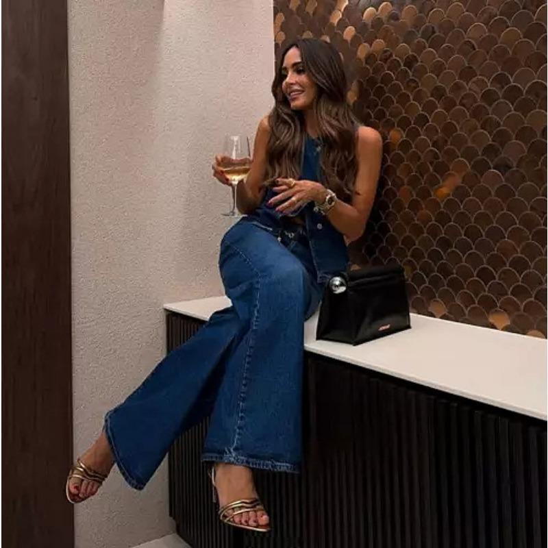 Spring and Summer Women's Sleeveless Denim Trousers Set Cropped Vest Top + Wild Basic Women's Wide Leg Long Pant Suit