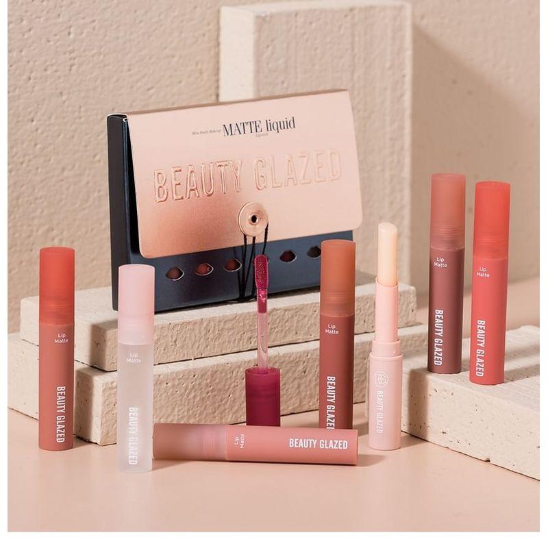 BEAUTY GLAZED - Набор из 8 штук: Матовая жидкая помада + Масло для губ + Бальзам для губ