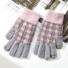 Winter New Full Finger Touch Screen Women's Warm Knitted Woolen Gloves with Checkered and Fleece Interlaced Fingers for Cycling To Keep Warm