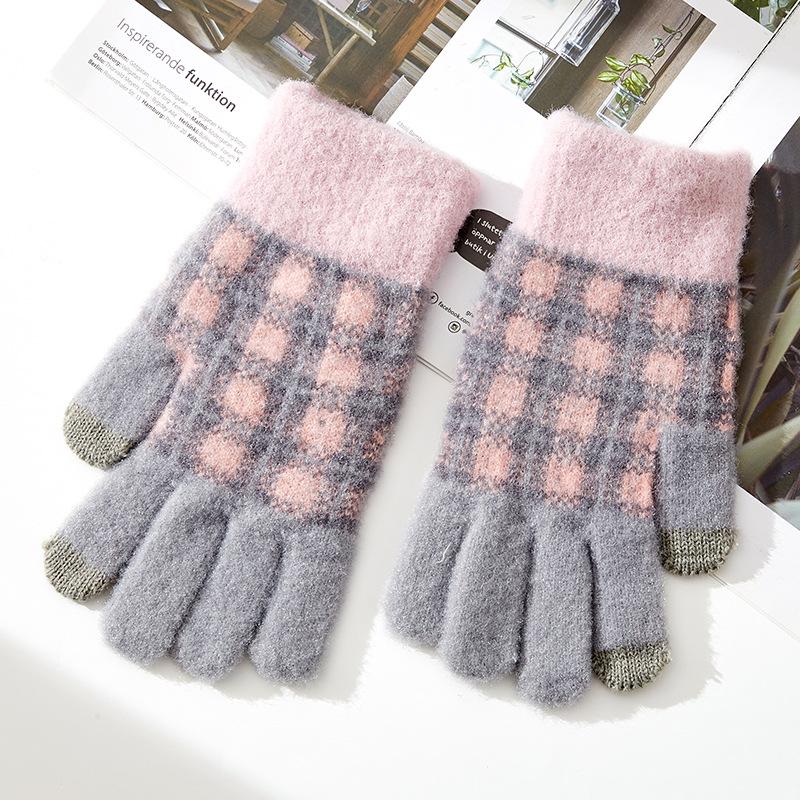 Winter New Full Finger Touch Screen Women's Warm Knitted Woolen Gloves with Checkered and Fleece Interlaced Fingers for Cycling To Keep Warm