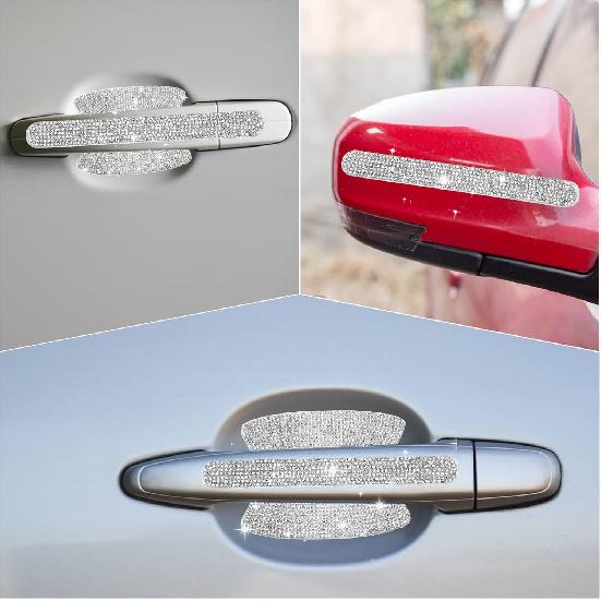 Crystal Car Door Handle Scratches Protector - 10PCS Silver Rhinestone Stickers - Bling Auto Accessories For Women