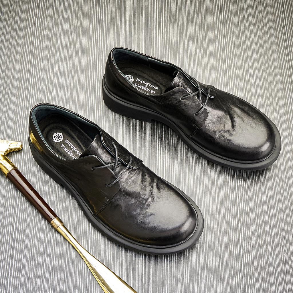 Casual Leather Shoes Men'S Spring Summer British Style Leather Low-Top Lace-Up Shoes Breathable Round Head Business Small Leather Shoes