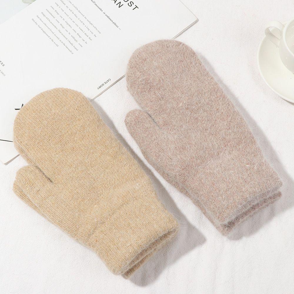Women Girl Solid Color Soft All Fingers Double Layer Rabbit Hair Mittens Winter Gloves