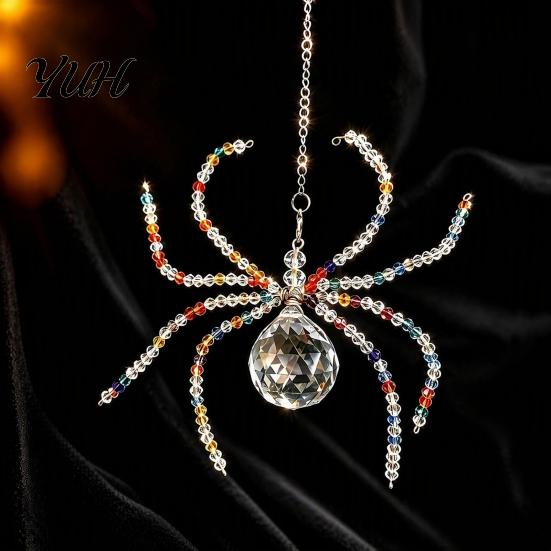 Hanging Spider for Porch Halloween Ornament, Faux Crystal Beaded Pendant Tree Glass Bead Gift Window And Wall Sparkling Translucent Sun Catcher