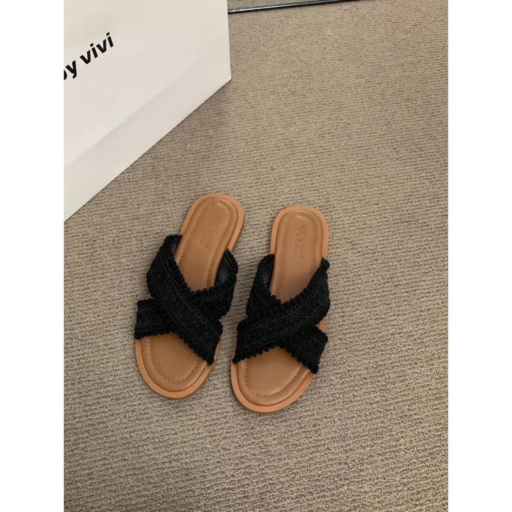 Плоские ретро-плетеные маленькие классные тапочки женская обувь летняя одежда 2025 новые летние пляжные сандалии