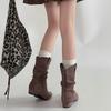 Модные ретро универсальные плиссированные ботинки-чулки женские 2025 осень и зима новые матовая кожа острый носок низкий каблук ковбойские сапоги