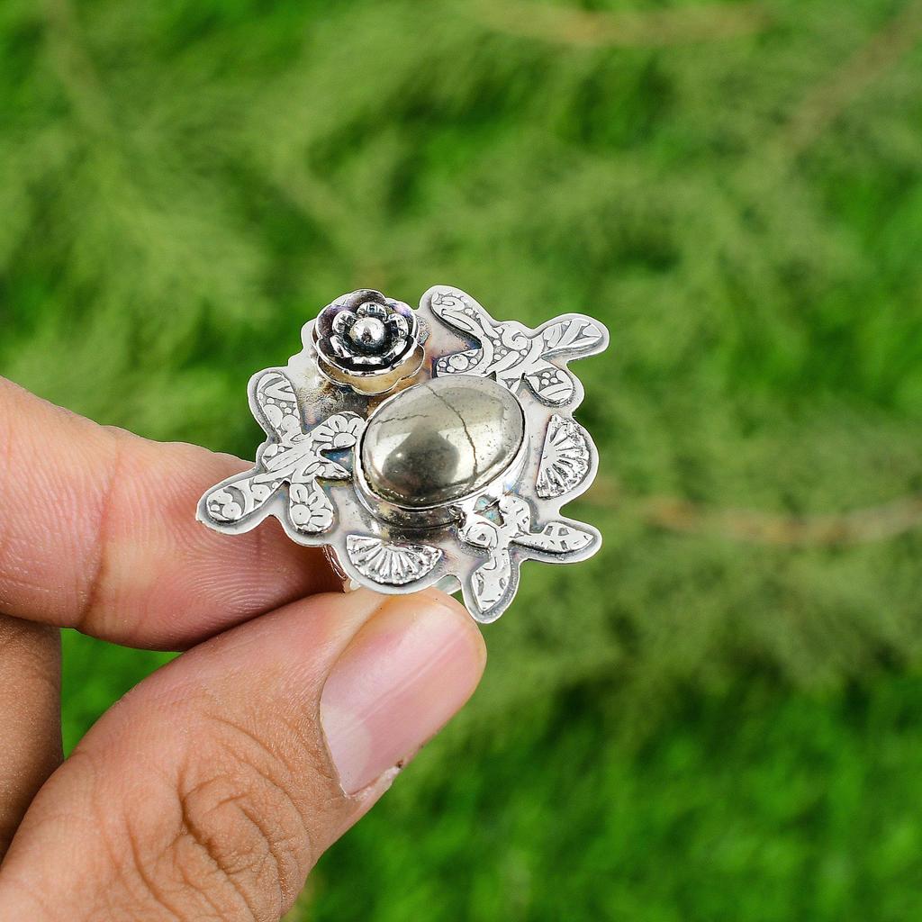 Sterling Silver Oval Pyrite Stone Wife Flower Unique Bezel Trendy Statement Ring