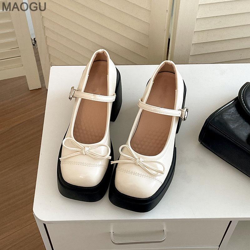 Красно-коричневые туфли Мэри Джейн в французском стиле на массивном высоком каблуке Винтажные кожаные туфли для женщин Ретро ремешки с пряжкой-бантиком