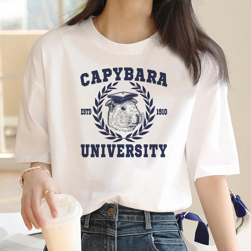 Capybara T Shirt Women Print Summer White Top Cotton T-shirt Graphic Tees Women Vintage Streetwear 90s Plus Size Tshirt Female