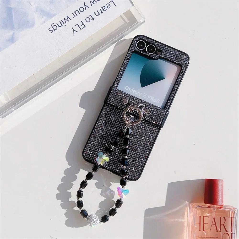 Кожаный чехол для телефона Samsung Galaxy Z Flip 6 5 4 Flip6 Flip5 Flip4 Flip3 с ремешком на запястье, пластиковый жесткий чехол