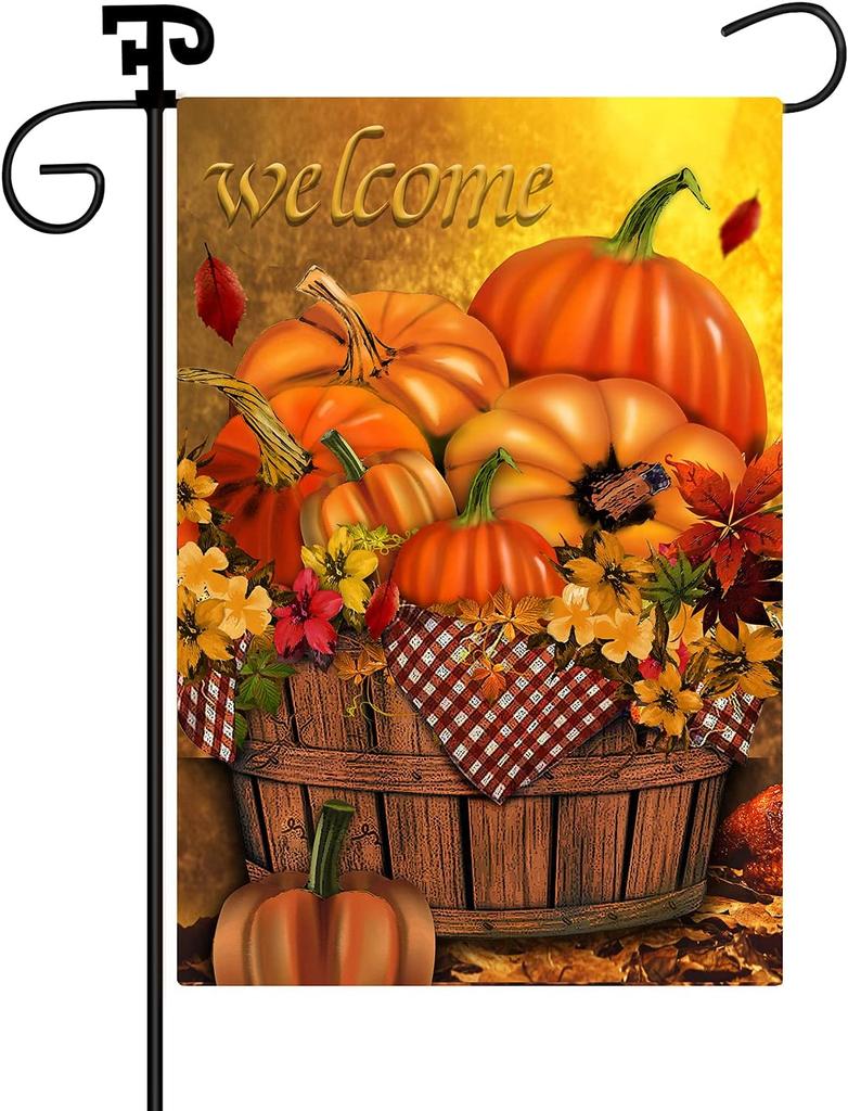 Fall Garden ag 12x18 Inch, Fall Welcome Thanksgiving Pumpkin ag | Autumn Fall Outdoor Decor, Burlap Double Sided