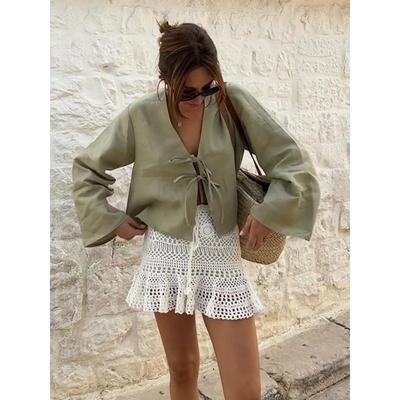 Хлопковые топы женские со шнуровкой и V-образным вырезом свободные однотонные рубашки женские летние длинные рукава 2024 новая мода повседневная мягкая рубашка для женщин