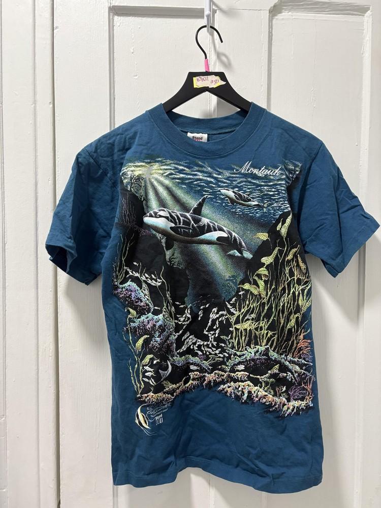 Винтажная футболка Montauk Whale Ocean Мужская Средняя Синяя 90-е Выделяющийся Дизайн Унисекс Футболка