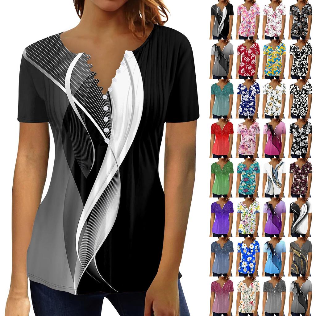 Летние топы для женщин, модные рубашки-туники с принтом в стиле бохо, футболка с короткими рукавами и пуговицами, V-образный вырез, повседневная свободная блузка
