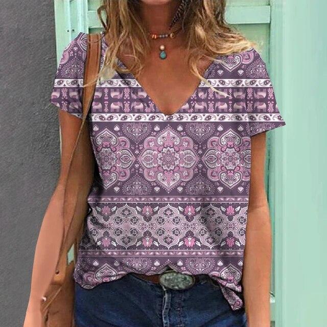 Женская футболка с v-образным вырезом, летняя модная женская одежда, топы с 3d винтажным принтом, повседневная одежда для девочек, женский пуловер большого размера