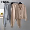 JPNTKY Autumn and Winter V-neck Cardigan Sweater Harlen Pants Set Solid Color Cardigan Sweater Two-piece Set