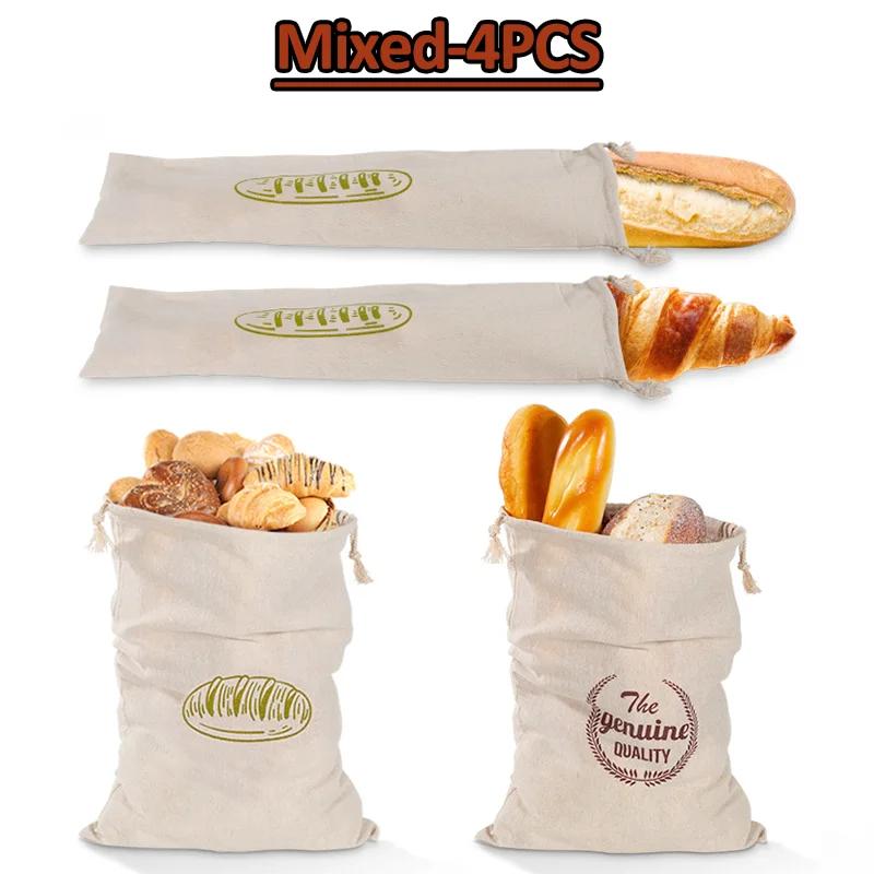 3 Styles Linen Bread Bags Reusable Drawstring Bag Homemade Artisan Bread Storage Food Bags Various Sets Bread Bags for Baguette