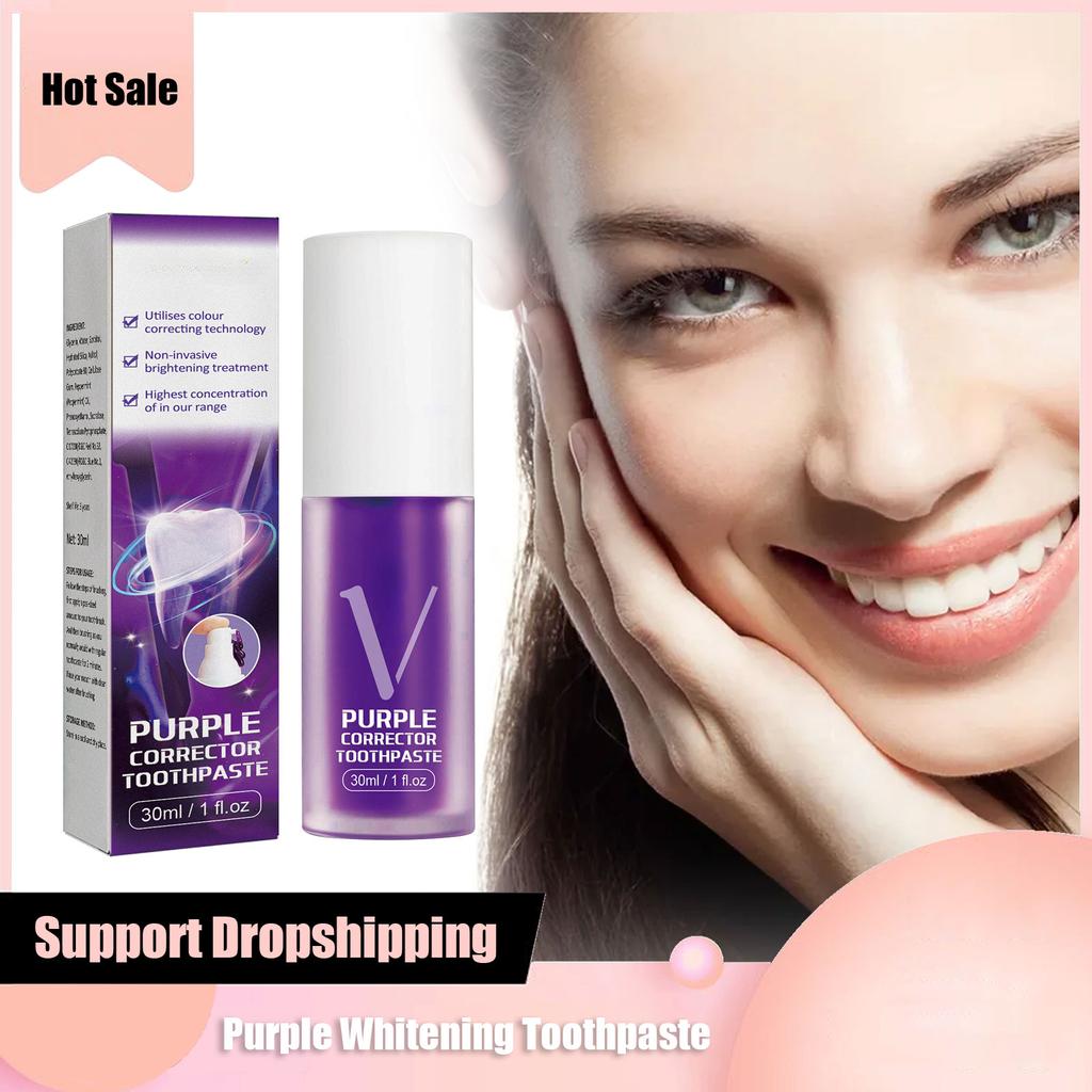 Отбеливающая зубная паста Фиолетовый корректор Уменьшение пожелтения Удаление пятен на зубах Чистая гигиена полости рта Свежее дыхание Отбеливающий зубы мусс