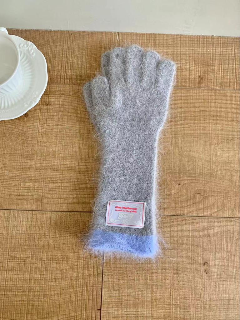 Women's Korean Style Colorblock Wool Long Gloves - Warm, Windproof, Five-Finger Design for Winter Cycling