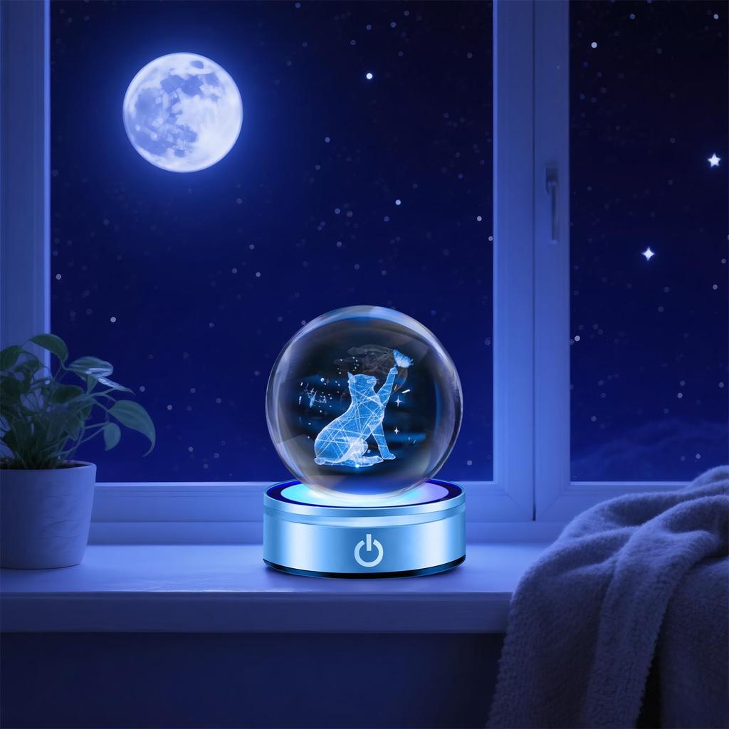 Cute 3D Cat Crystal Stylish Decorative Animal Soothing Crystal Ball with LED Light Popular Gift for Birthday Anniversary Graduation Day Friend