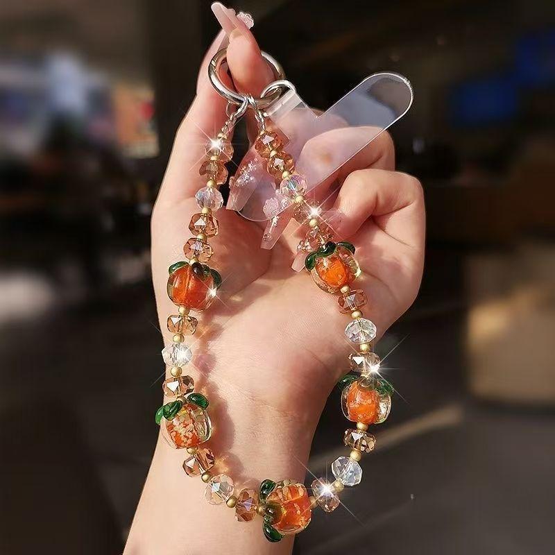 Sparkly Persimmon Beaded Phone Wrist Strap, Crystal Fruit Phone Lanyard with Clip