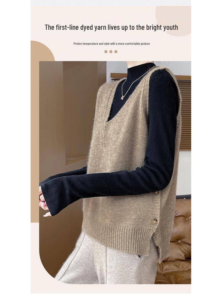 Кашемировый вязаный жилет с V-образным вырезом: Свободный крой, без рукавов, простой пуловер