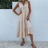 Летнее платье миди с V-образным вырезом, плиссированным лоскутным подолом, трапециевидной формы без рукавов, однотонный декор с пуговицами, свободное до середины икры, пляжное женское длинное платье для отпуска