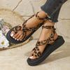 Fashion Summer Leopard Cross Strap Sandal Women Retro Anckle Strap Wedge Sandals Woman Fashion Office Thick Bottom Platform Sandal Mujer